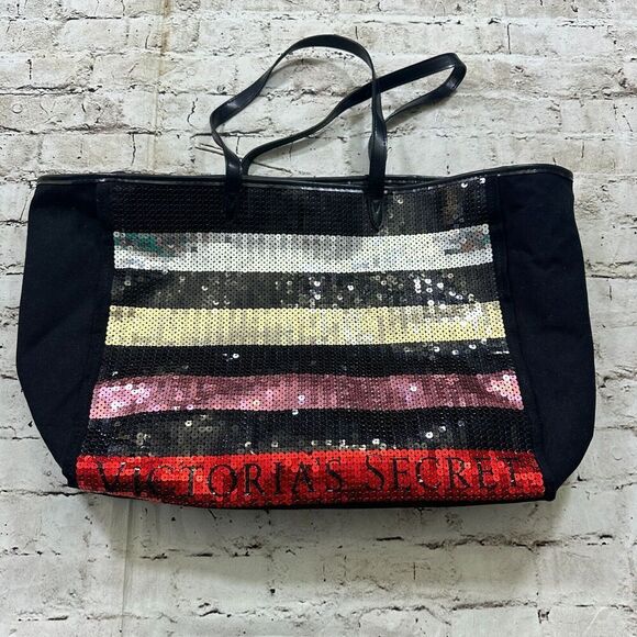 Victoria's Secret Black and Sequined Pink Red Tote Bag - Picture 1 of 7